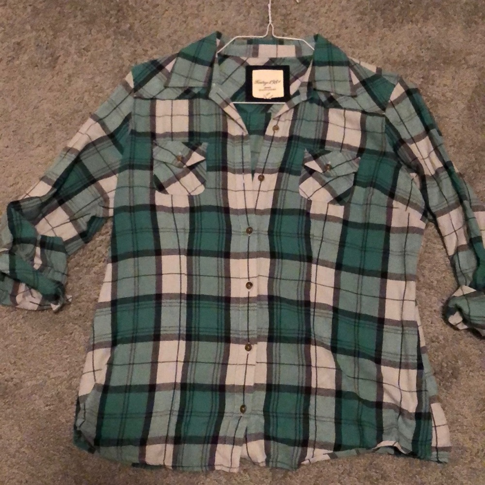 Turquoise and navy plaid shirt